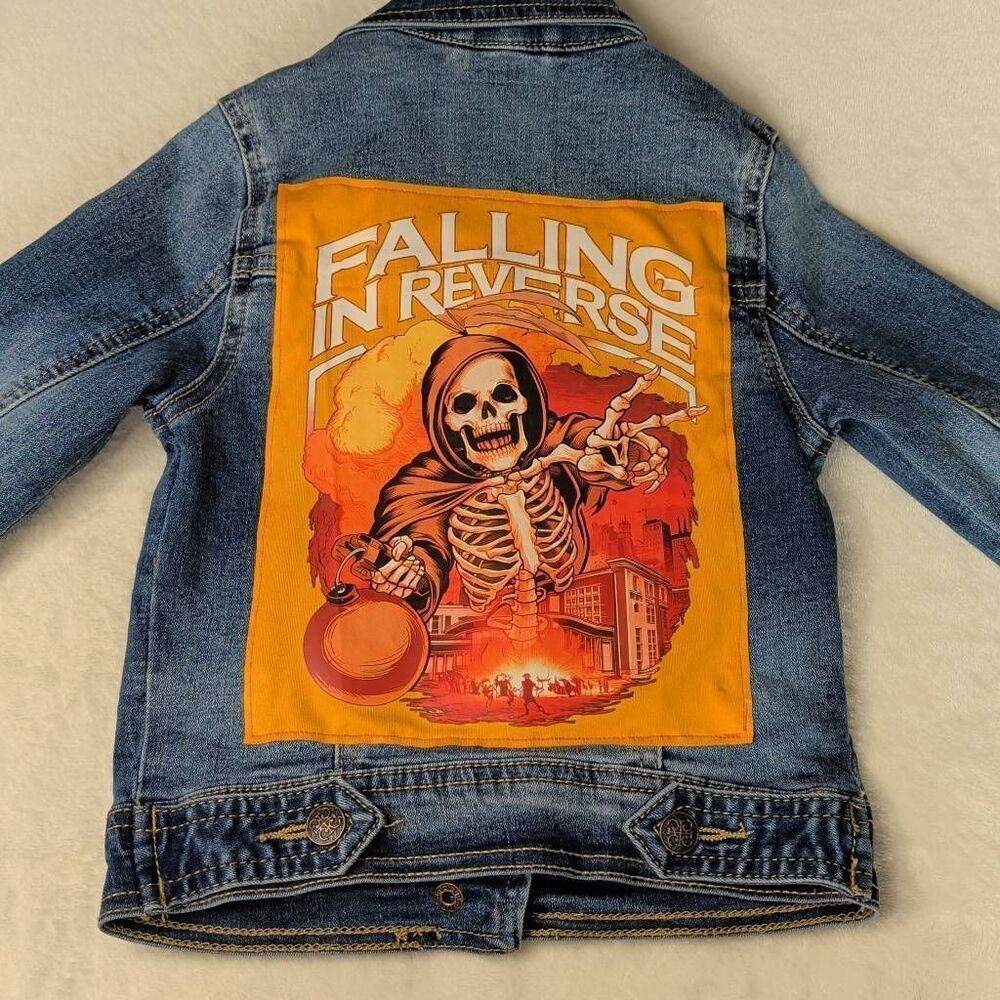Falling In Reverse toddlers upcycled denim jacket from Copper Key size 2t